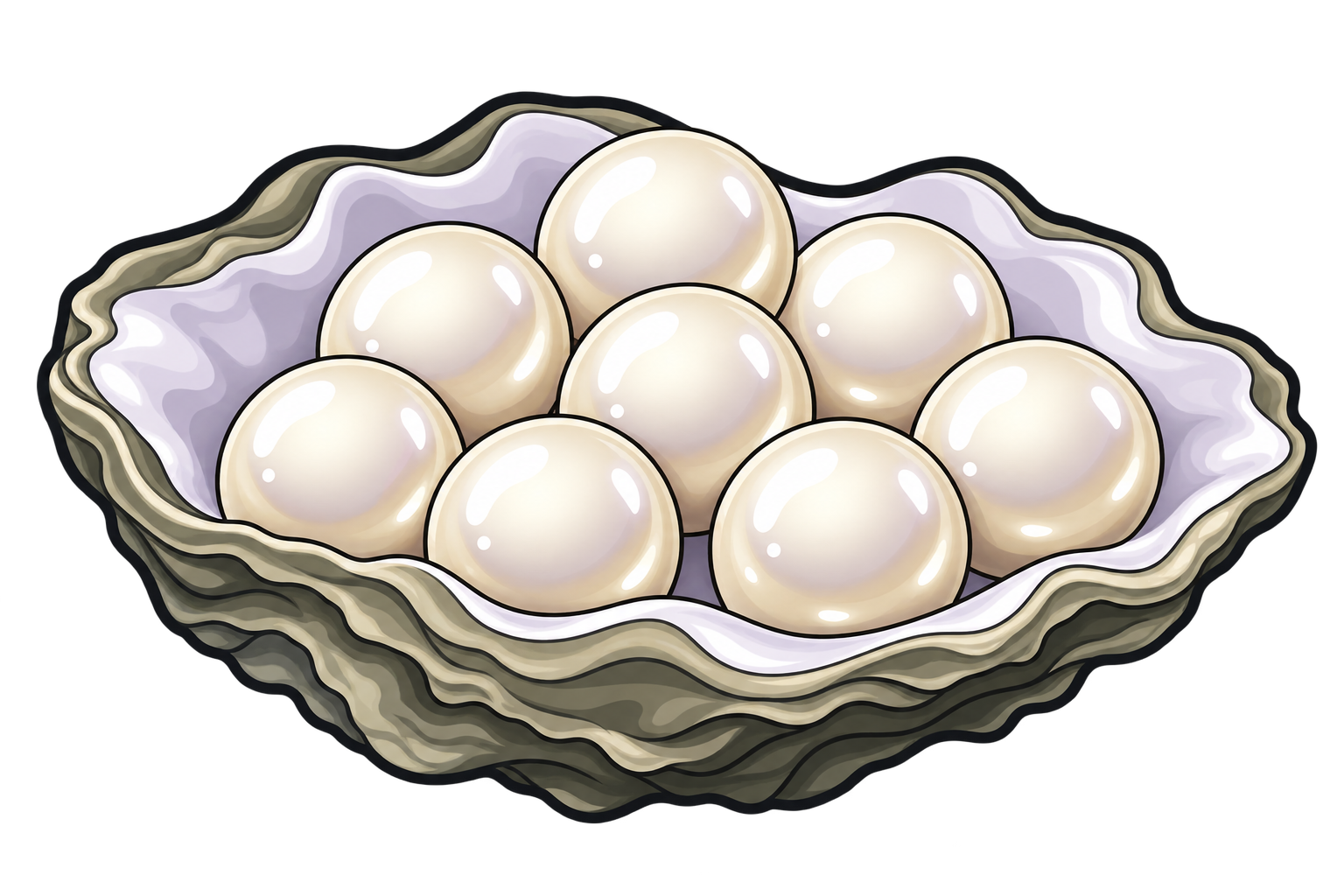 An open oyster shell holding a collection of shiny pearls