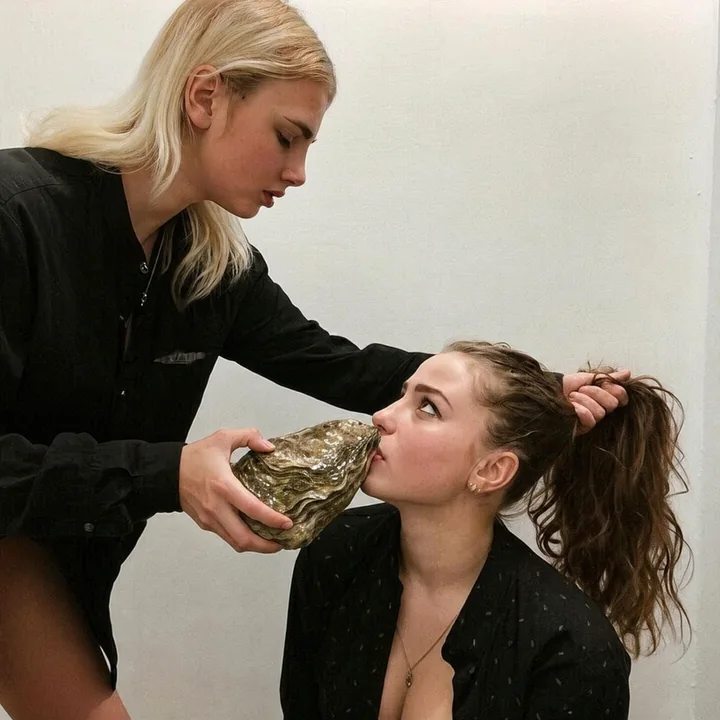 A woman holds an oyster near another woman’s face.